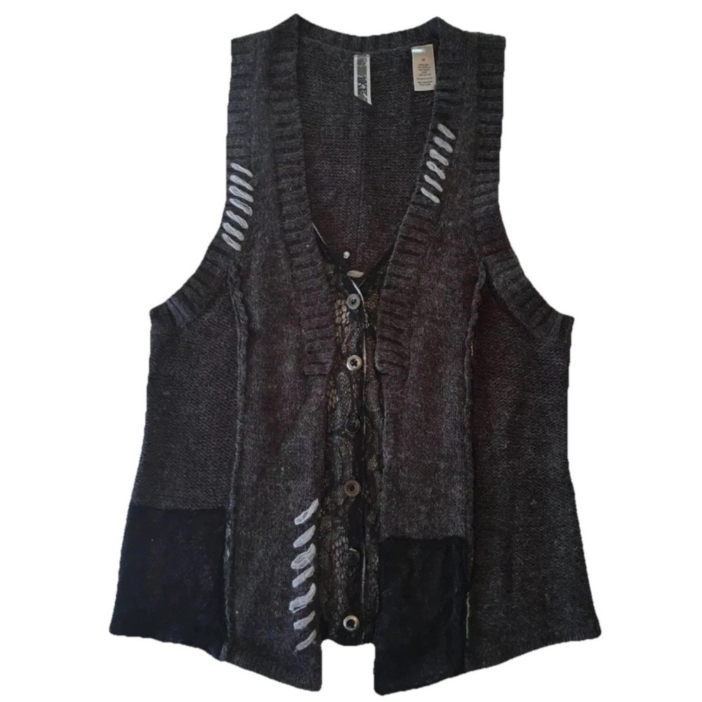 BKE Women's Sz M Sweater Vest‎ Gray Black Lace Patchwork Sleeveless Y2K Boho